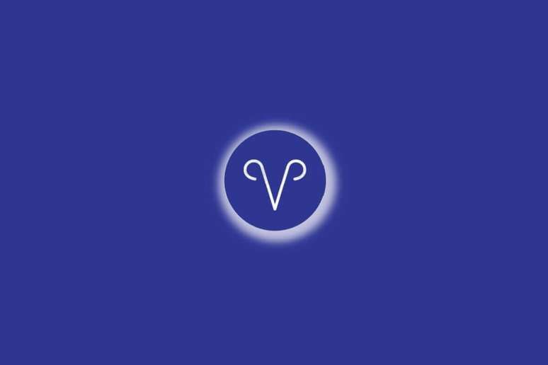 Ilustra&ccedil;&atilde;o do signo de &aacute;ries em um c&iacute;rculo azul, com luz branca ao redor, sobre um fundo azul