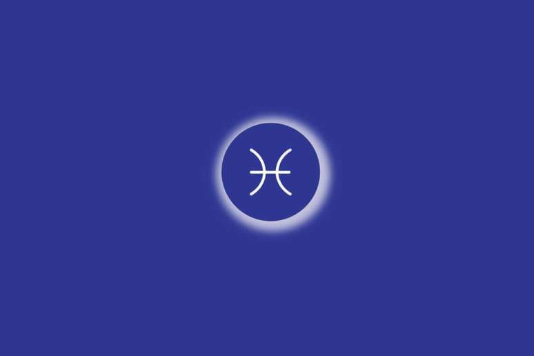 Ilustra&ccedil;&atilde;o do signo de peixes em um c&iacute;rculo azul, com luz branca ao redor, sobre um fundo azul