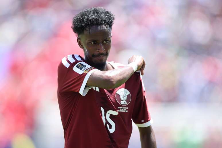 SAN FRANCISCO, CALIFORNIA &ndash; JUNE 13: Yusuf Abdurisag #15 of Qatar reacts during the FIFA World Cup 2026 Group B match between Qatar and Switzerland at San Francisco Bay Area Stadium on June 13, 2026 in San Francisco, California. (Photo by Alex Grimm/Getty Images)