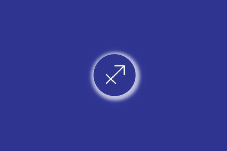 Ilustra&ccedil;&atilde;o do signo de sagit&aacute;rio em um c&iacute;rculo azul, com luz branca ao redor, sobre um fundo azul