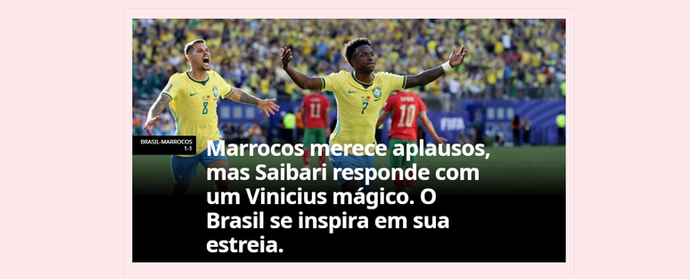 La Gazetta dello Sport repercute empate entre Brasil e Marrocos na Copa do Mundo de 2026