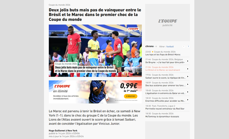 L'Equipe repercute empate entre Brasil e Marrocos na Copa do Mundo de 2026