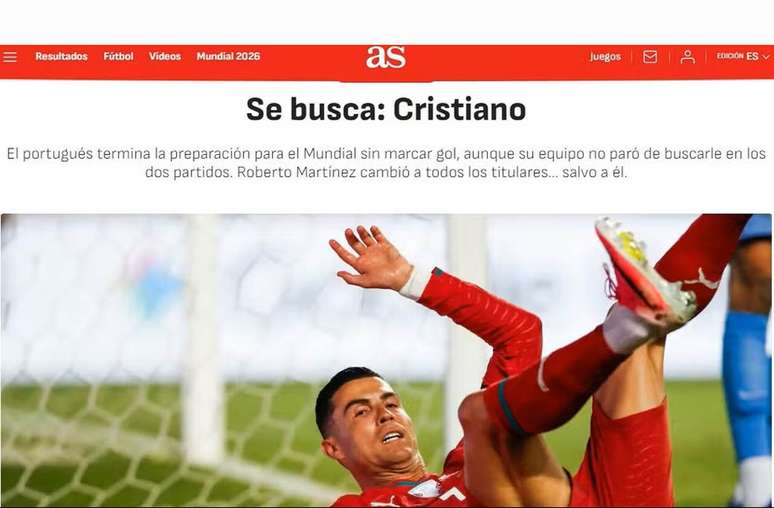 Jornal &ldquo;AS&rdquo; questiona desempenho de Cristiano Ronaldo nos amistosos de Portugal &ndash;