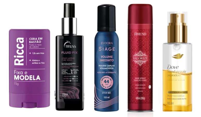 Sugest&otilde;es que podem ajudar: Cera Fixadora Em Bast&atilde;o Ricca 15G (R$ 59,99); Fluid Fix TRUSS (R$ 113,39); Mousse Volume Imediato Si&agrave;ge Eudora (R$ 50,99); Hair Spray Valorize Forte Amend (R$ 58,90); &Oacute;leo Bond Repair + Pept&iacute;deo Dove (R$ 35)