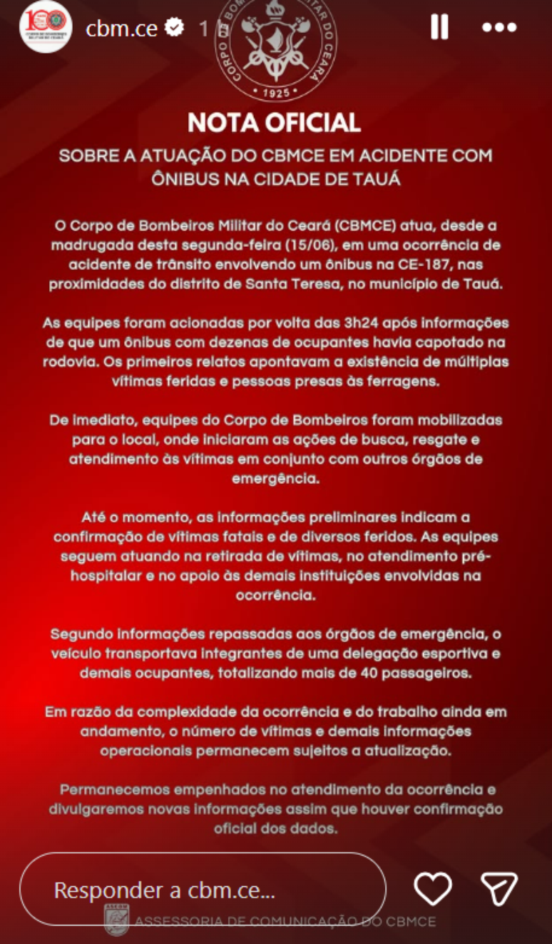 Comunicado Corpo de Bombeiros Militar do Cear&aacute; sobre o acidente