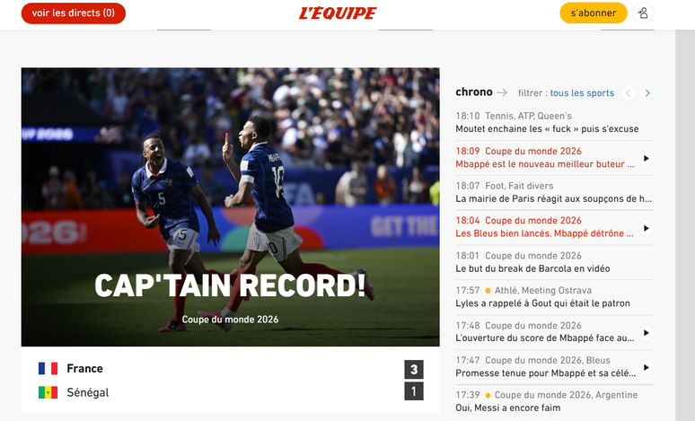 L'Equipe destaca recorde de Mbapp&eacute; pela Fran&ccedil;a