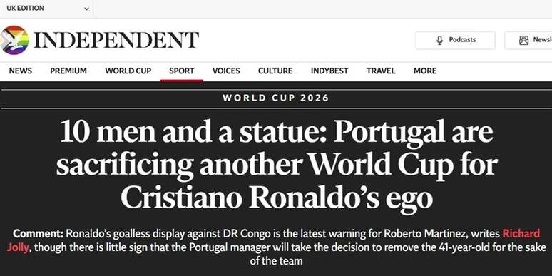 &ldquo;Dez homens e uma est&aacute;tua: Portugal sacrifica outra Copa pelo ego de Cristiano Ronaldo&rdquo;, diz o &lsquo;Independent&rsquo; &ndash;
