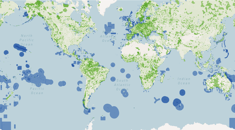 Um mapa mostrando diversas &aacute;reas marinhas protegidas espalhadas principalmente ao redor de ilhas