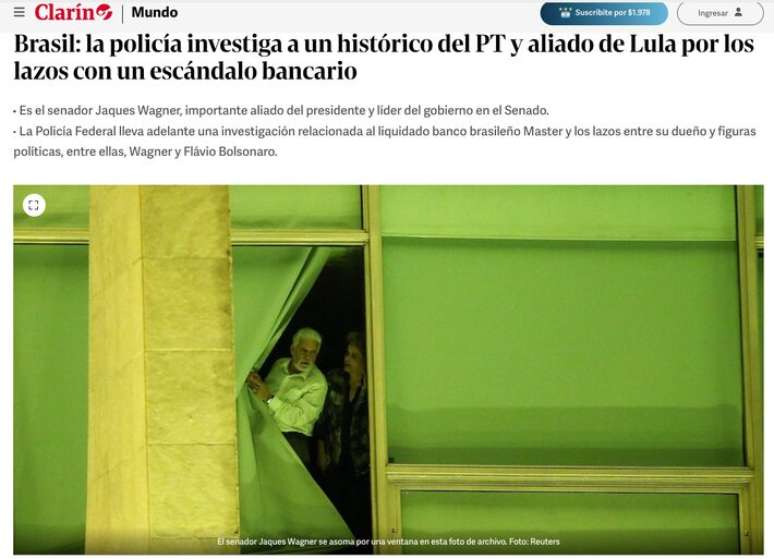 O jornal argentino Clar&iacute;n descreveu Jaques Wagner como um importante aliado de Lula