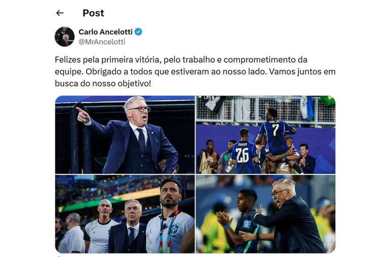 Carlo Ancelotti posta depois de vit&oacute;ria da Sele&ccedil;&atilde;o contra o Haiti &ndash;