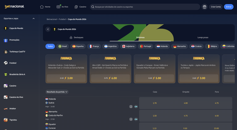 A Betnacional tem v&aacute;rios mercados de apostas para a Copa do Mundo