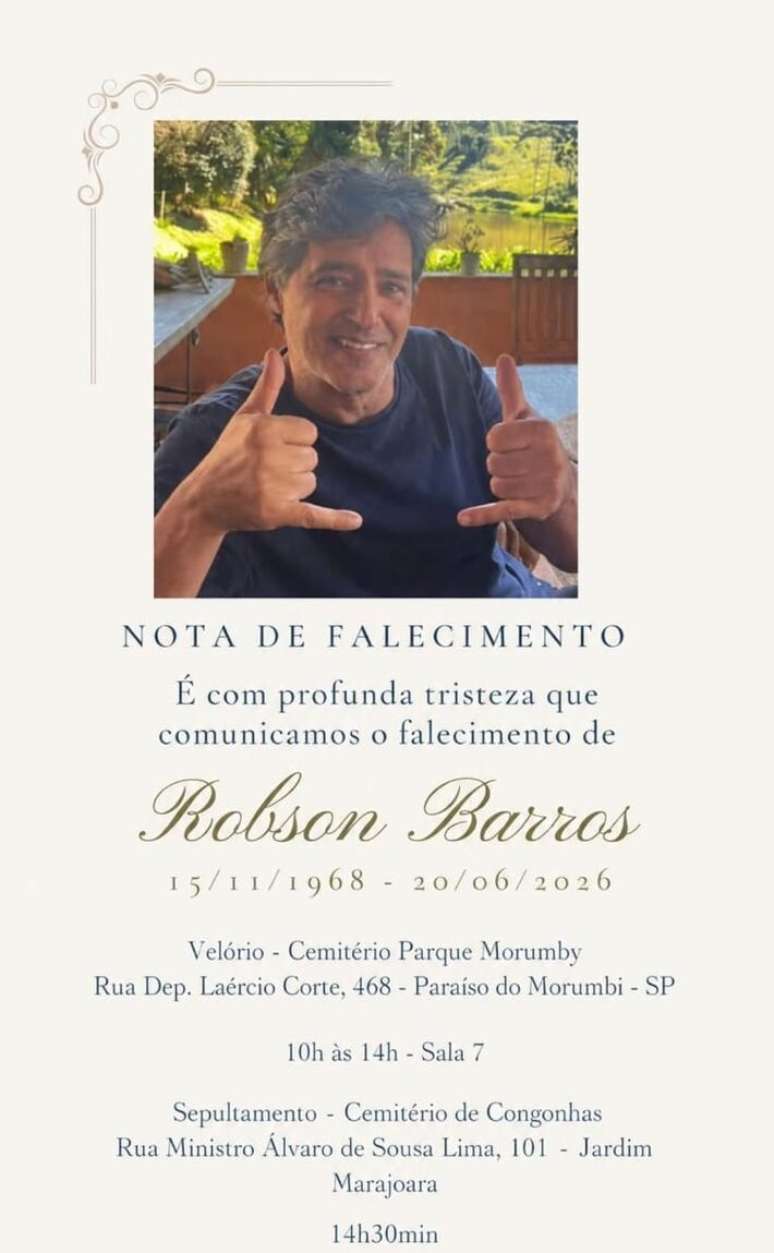 Robson Barros, ex-paquito da Xuxa, morreu aos 57 anos de idade, em 20 de junho de 2026.