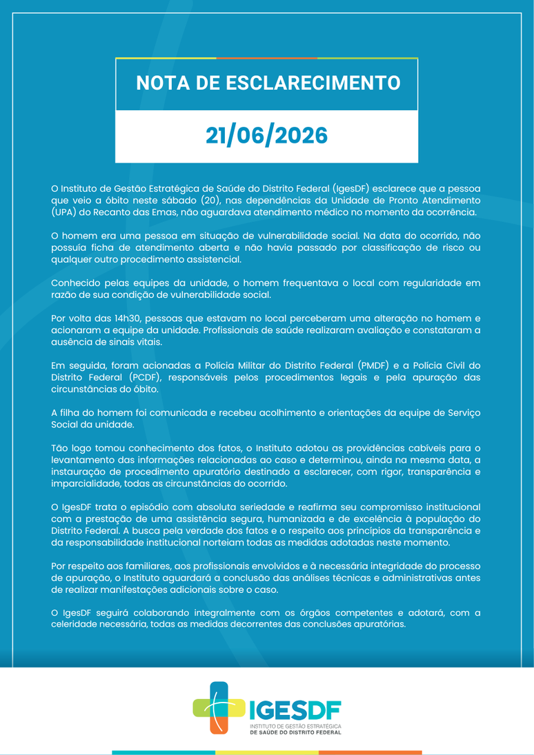 Nota de esclarecimento do Instituto de Gest&atilde;o Estrat&eacute;gica em Sa&uacute;de (Iges-DF)