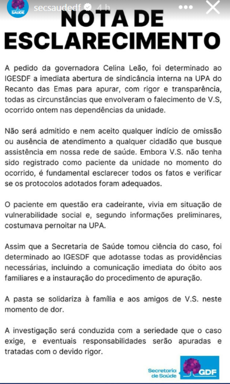 Nota da Secretaria de Sa&uacute;de do Distrito Federal