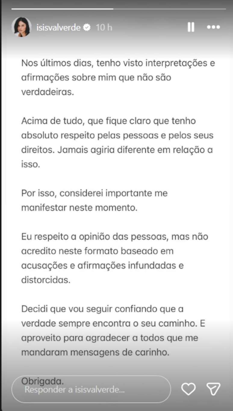 Isis Valverde criticou 'interpreta&ccedil;&otilde;es e afirma&ccedil;&otilde;es sobre mim que n&atilde;o s&atilde;o verdadeiras&rsquo; ap&oacute;s repercuss&atilde;o de processo