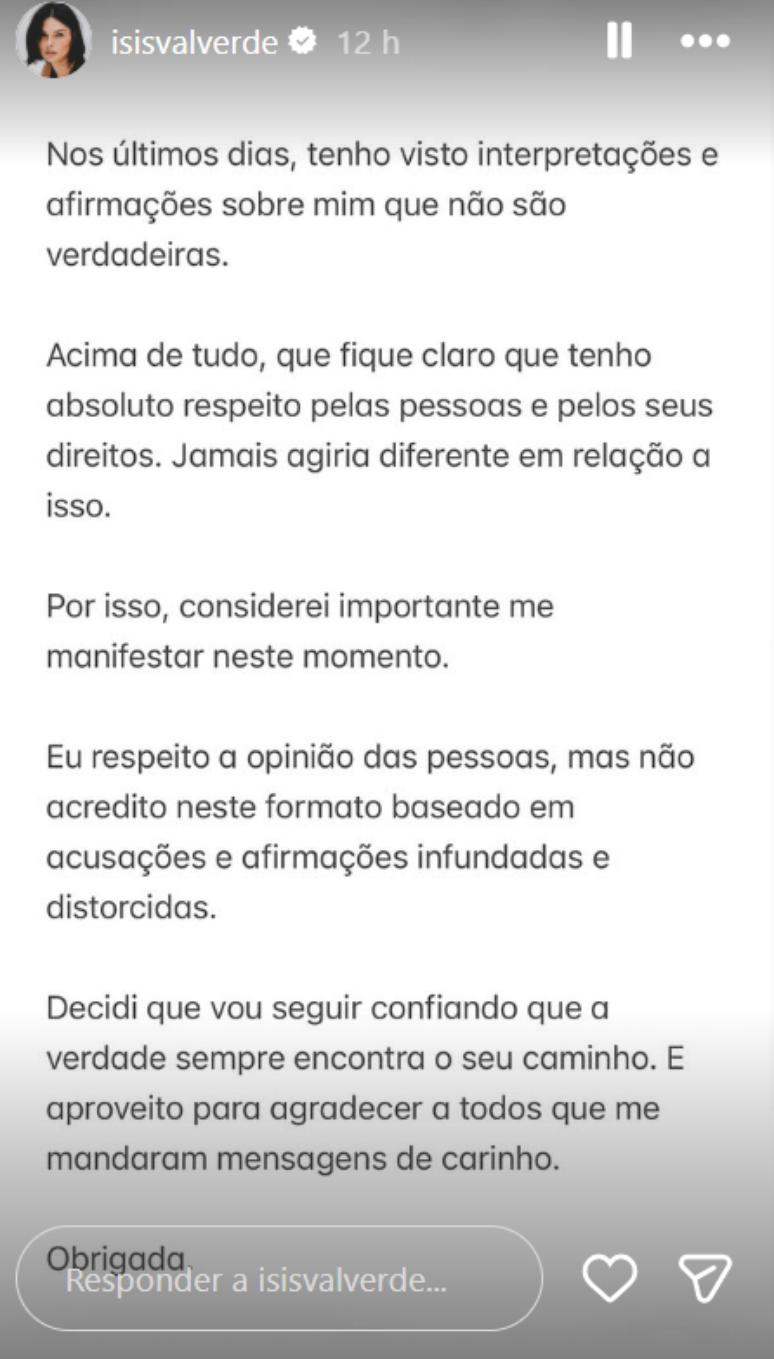 Texto publicado por Isis Valverde sobre o processo movido por ex-funcion&aacute;ria