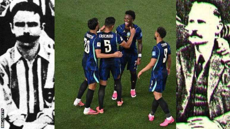 
Montagem com tr&ecirc;s imagens lado a lado. &Agrave; esquerda, uma fotografia em preto e branco granulada de Charles Miller jovem, vestindo uma camisa de futebol antiga de gola listrada, com bigode e cabelo penteado para o lado. No centro, uma fotografia colorida de quatro jogadores da sele&ccedil;&atilde;o brasileira em campo, comemorando um gol, vestindo o uniforme reserva azul-marinho com detalhes rosa &mdash; vis&iacute;veis os n&uacute;meros 20, 5 (Casemiro), 7 e 9. &Agrave; direita, um retrato antigo e desgastado de Thomas Donohoe, homem de bigode vestindo terno, com a m&atilde;o apoiada no peito.