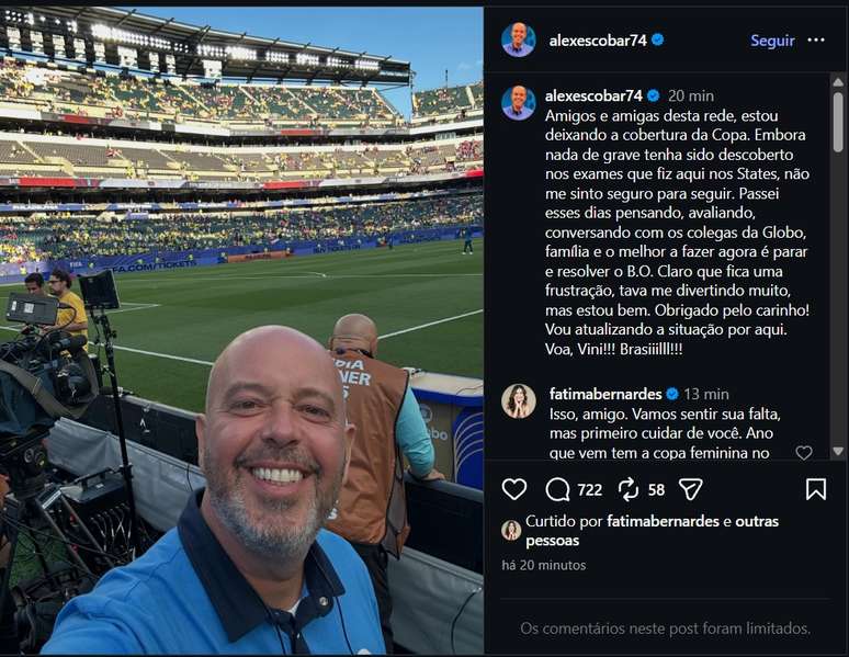 Postagem de Alex Escobar anunciando o afastamento da cobertura da Copa do Mundo 2026 