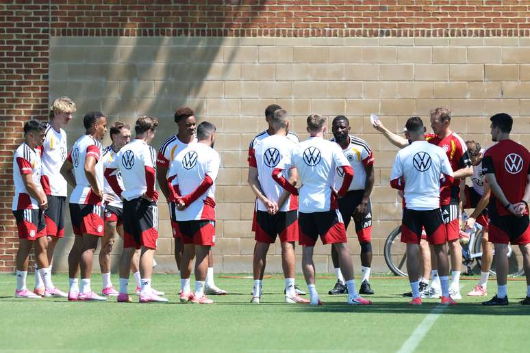WINSTON-SALEM, NORTH CAROLINA &ndash; JUNE 21: Julian Nagelsmann, Head Coach of Germany, talks to his players during a team Germany training session at Winston-Salem State University on June 21, 2026 in Winston-Salem, North Carolina. (Photo by Alexander Hassenstein/Getty Images)