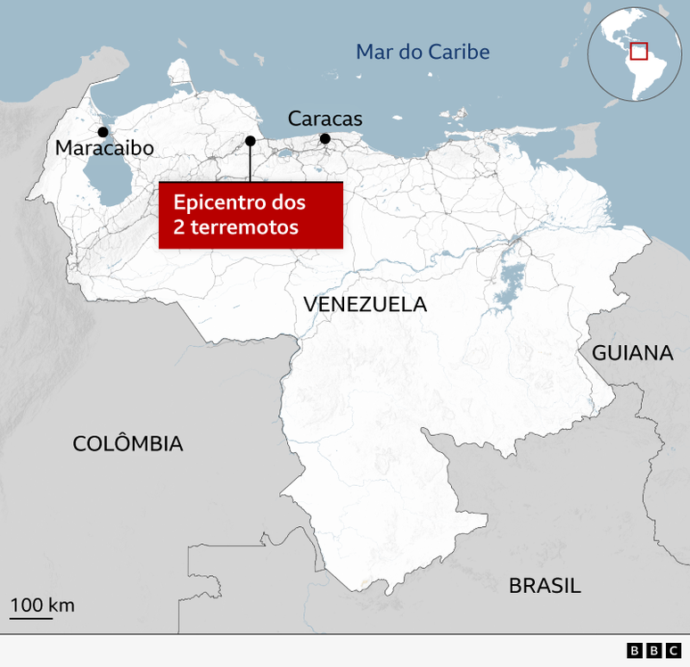 Mapa do epicentro dos terremotos na Venezuela