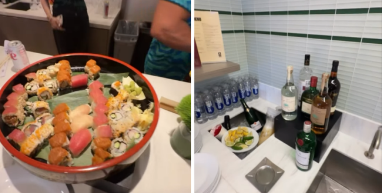 Comidas e bebidas &agrave; vontade no camarote de Virginia