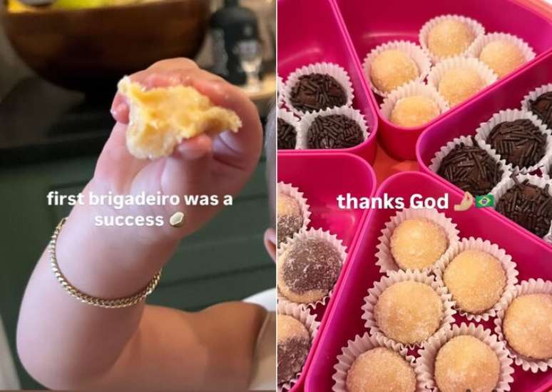 Hailey Bieber mostra filho experimentando brigadeiro pela primeira vez