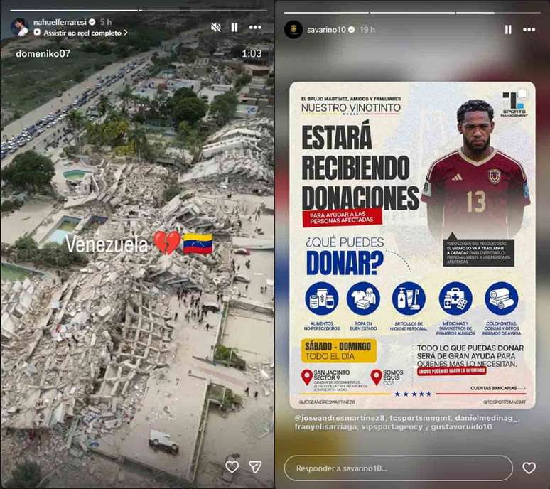 Postagens de Ferraresi, do Botafogo, e Savarino, do Fluminense, pedindo ajuda &agrave;s v&iacute;timas &ndash; Fotos: Reprodu&ccedil;&atilde;o Instagram