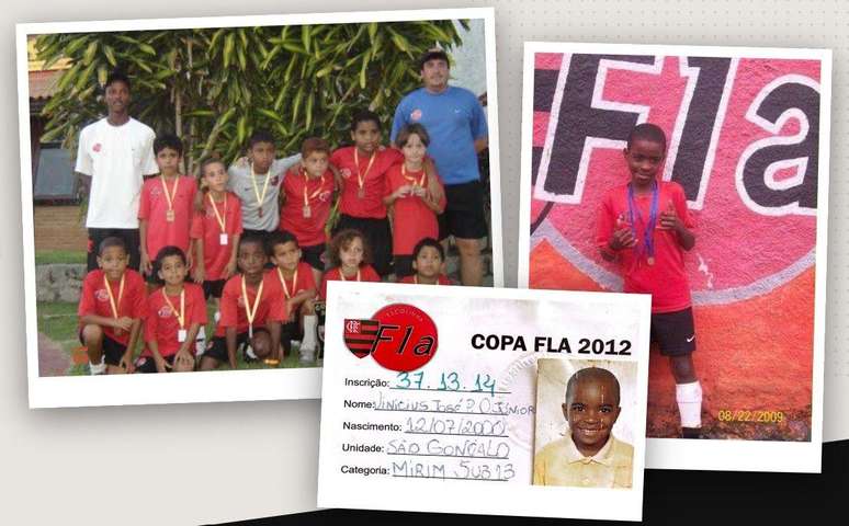 Montagem mostra Vini Jr crian&ccedil;a na escolinha de futebol