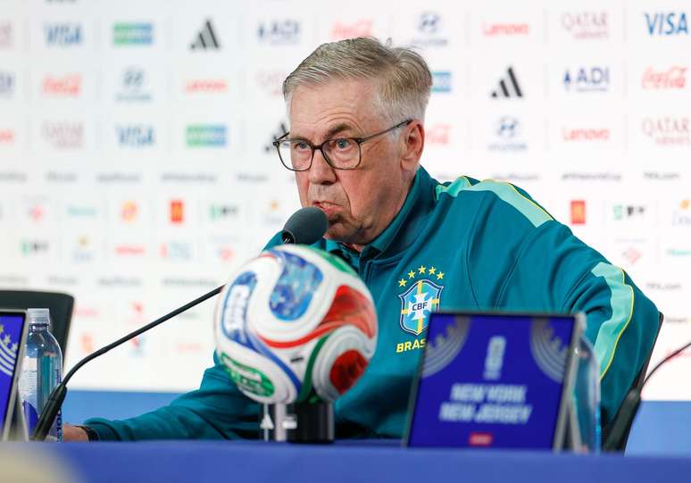 Carlo Ancelotti durante coletiva na v&eacute;spera da estreia na Copa do Mundo 2026 