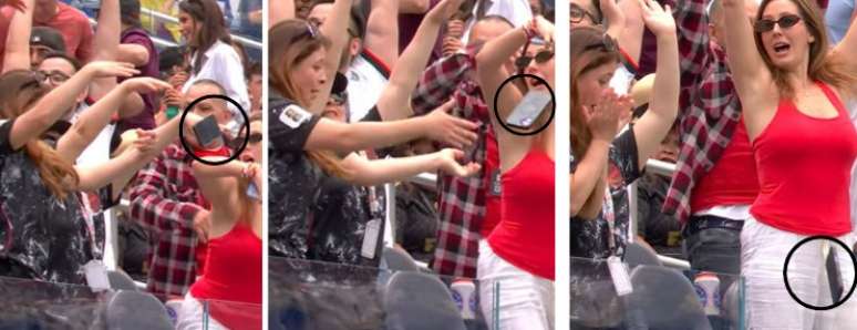 Torcedora 'arremessa' o celular durante 'ola' na torcida na partida entre Canad&aacute; e &Aacute;frica do Sul
