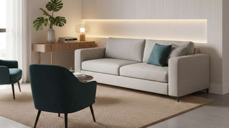 Afastar o sof&aacute; da parede &eacute; um recurso simples que amplia visualmente a sala e destaca o design dos m&oacute;veis - Imagem gerada por IA&nbsp;