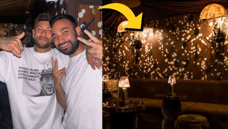 O Camisa 10 no Chez Magaux com um amigo e, ao lado, o detalhe do ambiente onde ele aproveitou a noite