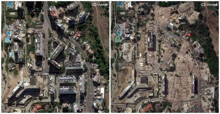 A imagem &agrave; esquerda mostra uma &aacute;rea de Caraballeda em 28 de dezembro de 2025. A imagem &agrave; direita mostra a mesma &aacute;rea em 26 de junho de 2026, dois dias ap&oacute;s os terremotos, na qual &eacute; poss&iacute;vel ver v&aacute;rios pr&eacute;dios desabados