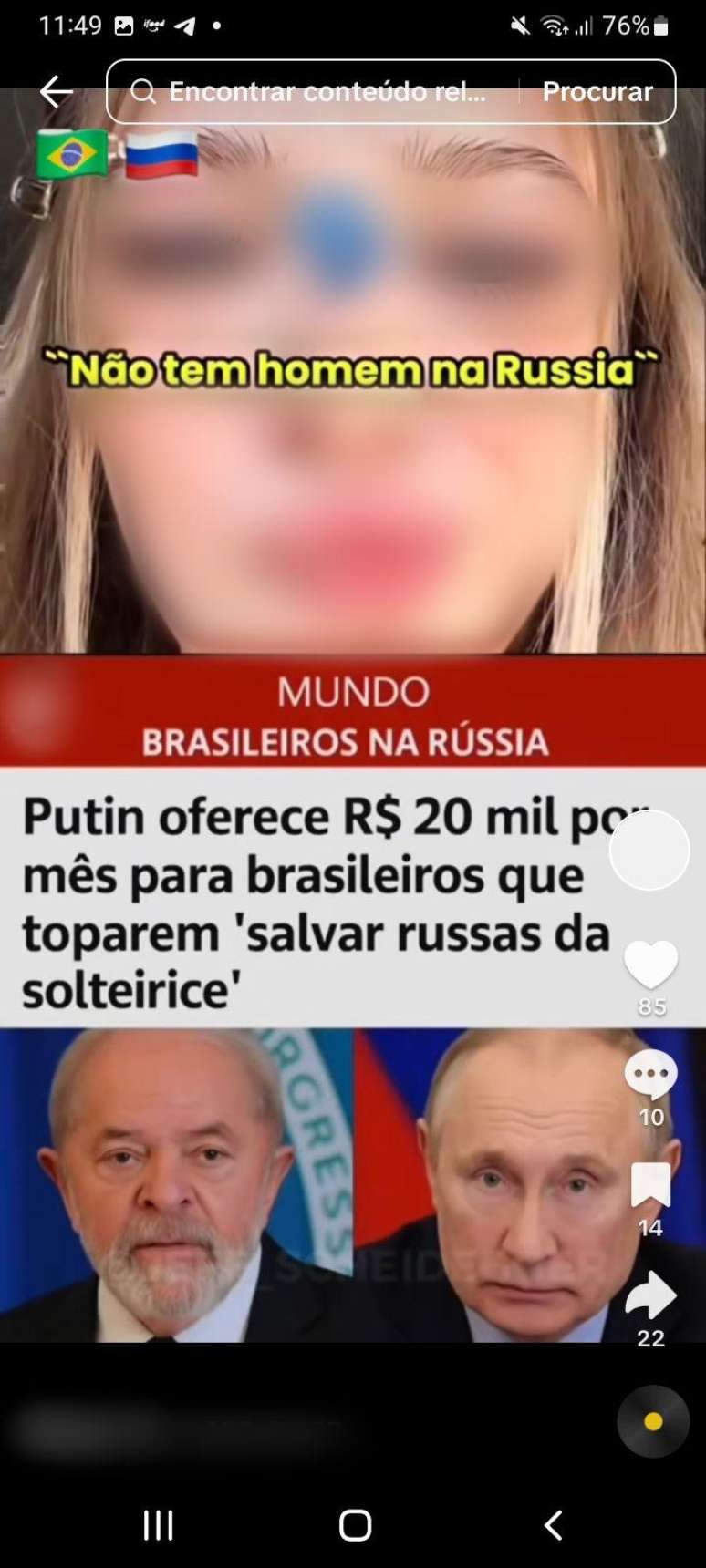 Post em redes sociais diz que Putin oferece sal&aacute;rio a brasileiros que namorem russas