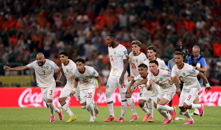 GUADALUPE, MEXICO &ndash; JUNE 29: Players of Morocco dash as Ismael Saibari #11 of Morocco scores the team&rsquo;s fifth and winning penalty during hte penalty shootout in the FIFA World Cup 2026 Round of 32 match between Netherlands and Morocco at Monterrey Stadium on June 29, 2026 in Guadalupe, Mexico. (Photo by Carl Recine/Getty Images)