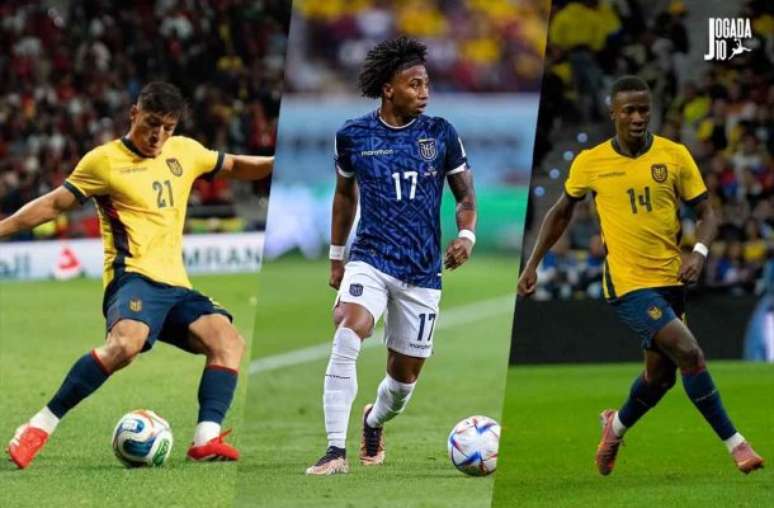 Fotos: Divulga&ccedil;&atilde;o / FEF - Legenda: Alan Franco, &Aacute;ngelo Preciado e Alan Minda em a&ccedil;&atilde;o pelo Equador