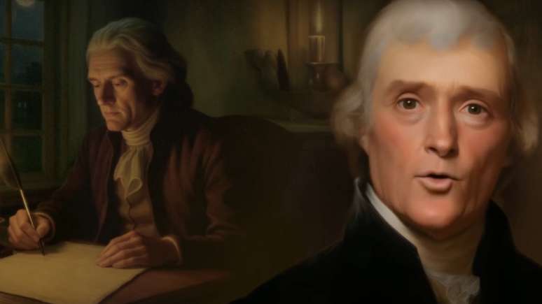 Cenas de Thomas Jefferson redigindo a Declara&ccedil;&atilde;o da Independ&ecirc;ncia.