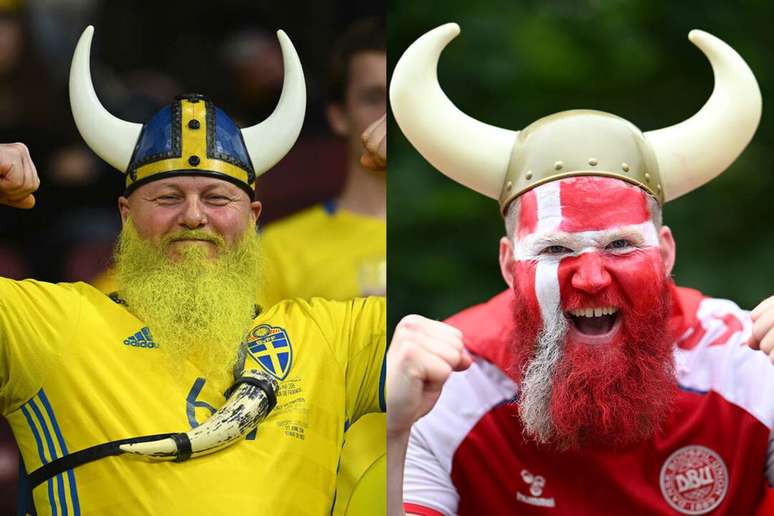 Sueco e dinamarqu&ecirc;s torcendo por suas respectivas sele&ccedil;&otilde;es &ndash; Fotos: Mattia Ozbot e Matthias Hangst/Getty Images