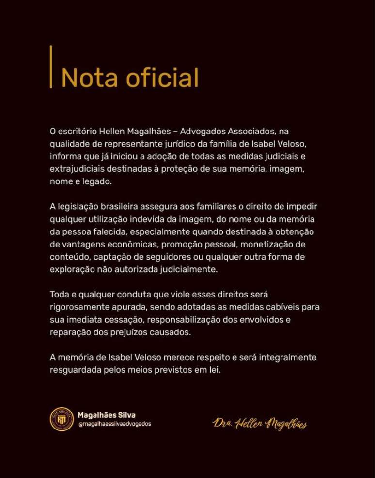 Nota jur&iacute;dica publicada por Priscila Kiekow, irm&atilde; de Isabel Veloso