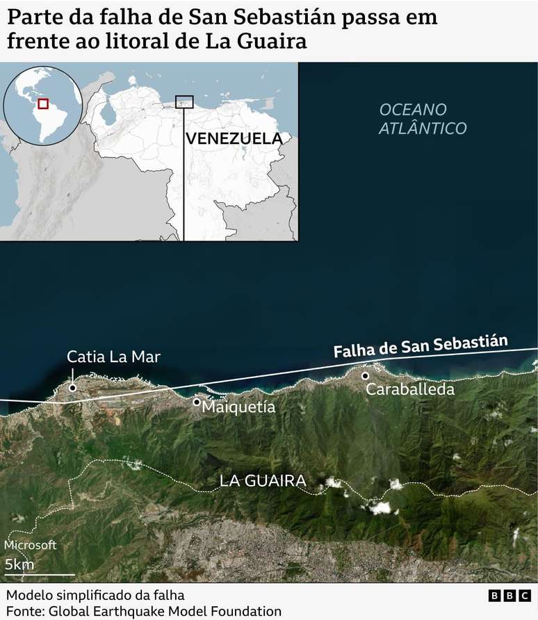 Mapa de La Guaira com a falha de San Sebasti&aacute;n