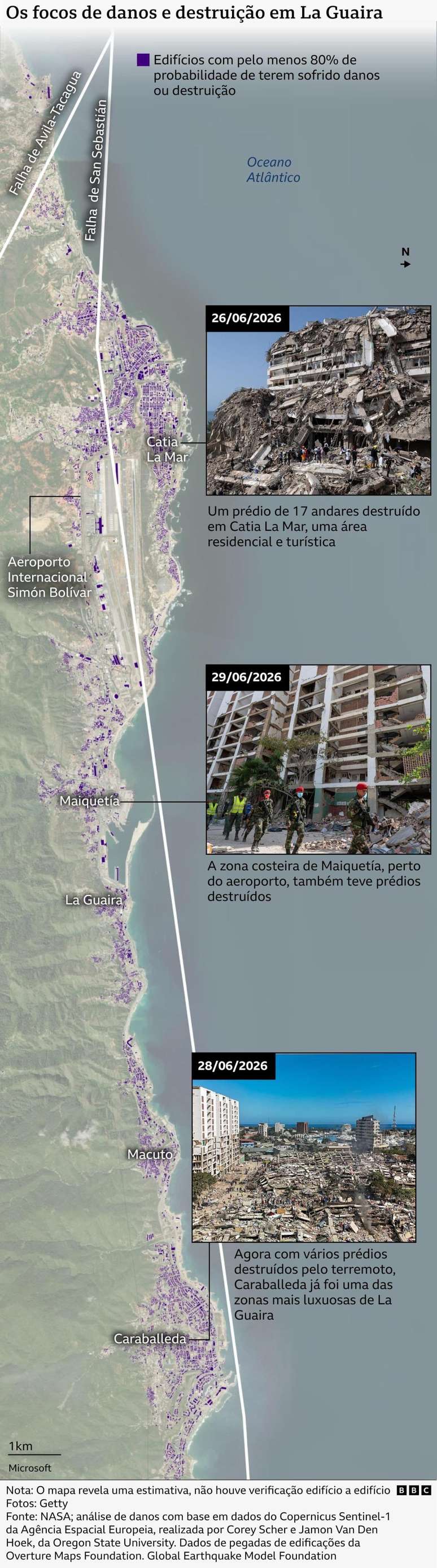 Mapa que mostra as &aacute;reas mais afetadas em La Guaira, como Catia La Mar e Caraballeda.