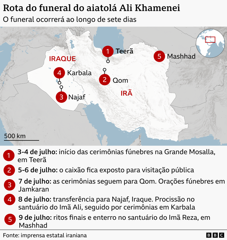 Mapa com os locais de realiza&ccedil;&atilde;o do funeral do ex-l&iacute;der supremo do Ir&atilde;, Ali Khamenei