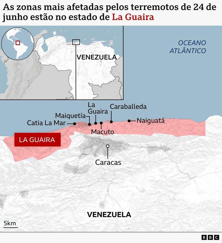 Mapa que mostra, no norte da Venezuela, as principais &aacute;reas afetadas pelos terremotos no estado de La Guaira.
