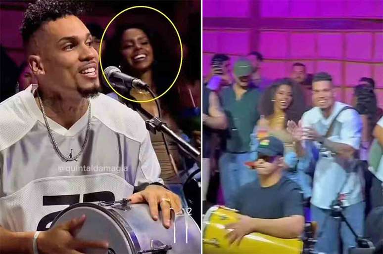 Casal foi flagrado em clima de sintonia enquanto acompanhava a apresenta&ccedil;&atilde;o do grupo Quintal de Magia &ndash;