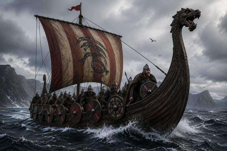 Reprodu&ccedil;&atilde;o de um barco viking em alto-mar &ndash;