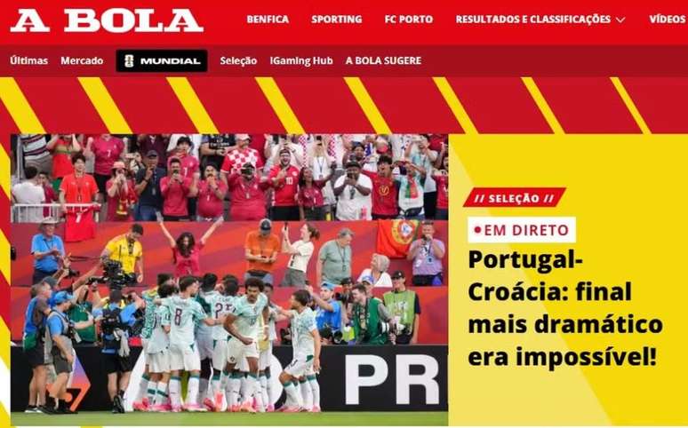 Jornal A Bola destacou a classifica&ccedil;&atilde;o de Portugal