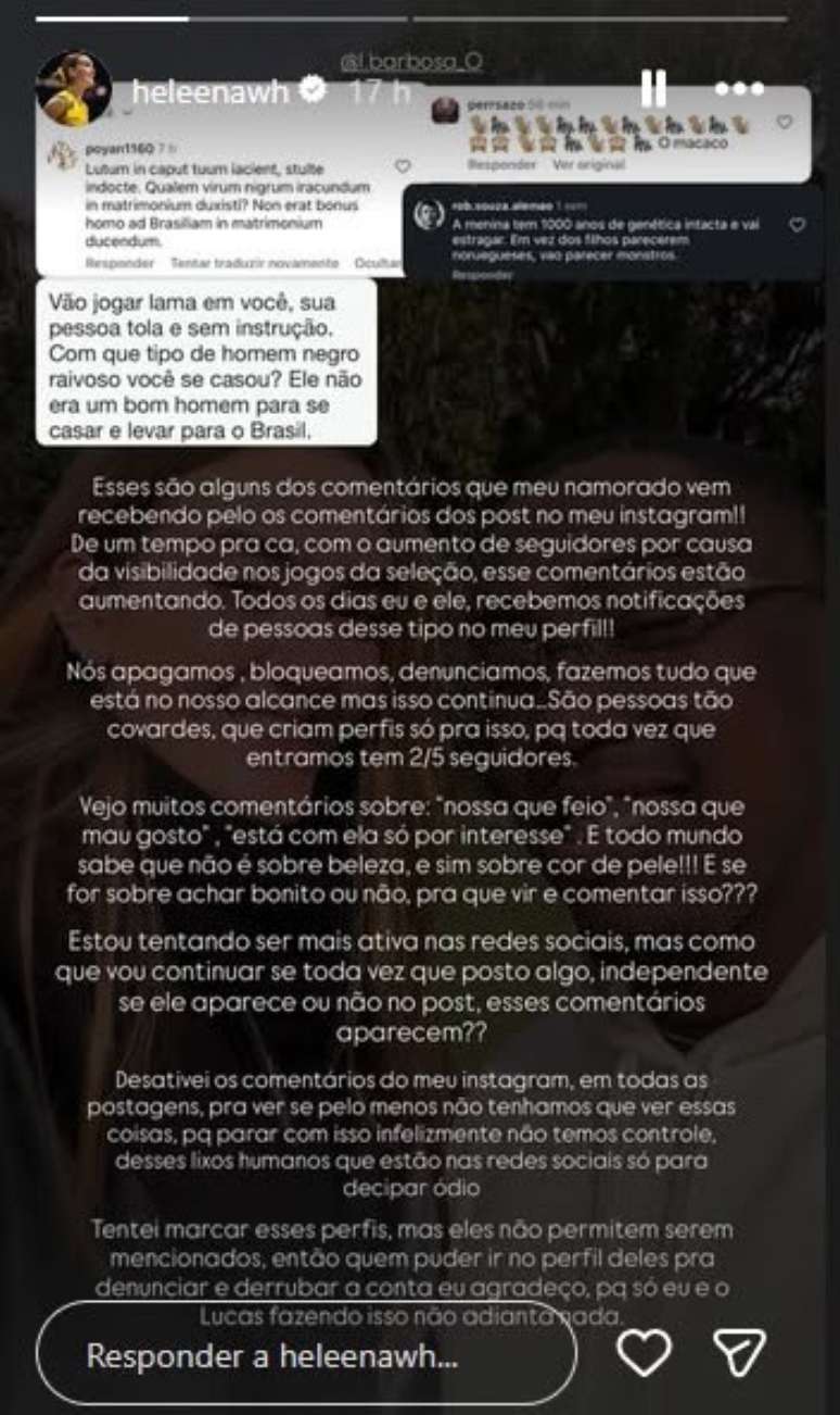 Helena Wenk denuncia ataques racistas contra namorado nas redes sociais 