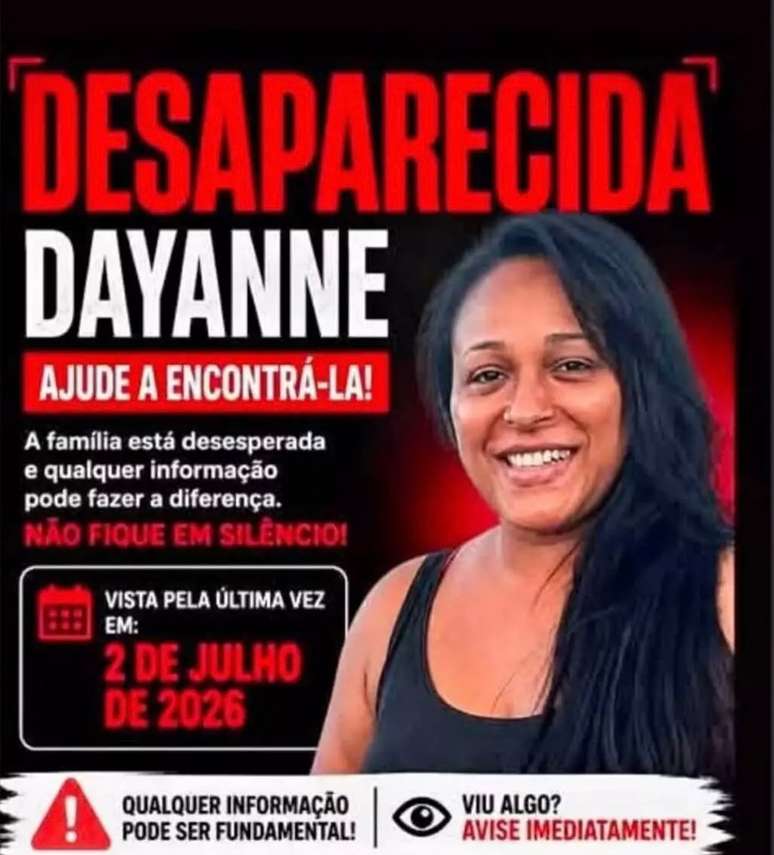 Cartaz divulgado pela fam&iacute;lia com a foto de Dayanne Rodrigues