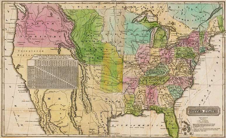 Em 1828, os EUA j&aacute; haviam se expandido at&eacute; o Pac&iacute;fico, com a aquisi&ccedil;&atilde;o do Oregon.