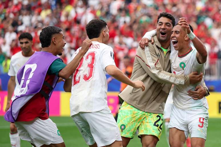 HOUSTON, TEXAS &ndash; JULY 04: Soufiane Rahimi #9 of Morocco celebrates with teammates after scoring his team&rsquo;s third goal during the FIFA World Cup 2026 Round of 16 match between Canada and Morocco at Houston Stadium on July 04, 2026 in Houston, Texas. (Photo by Kevin C. Cox/Getty Images)